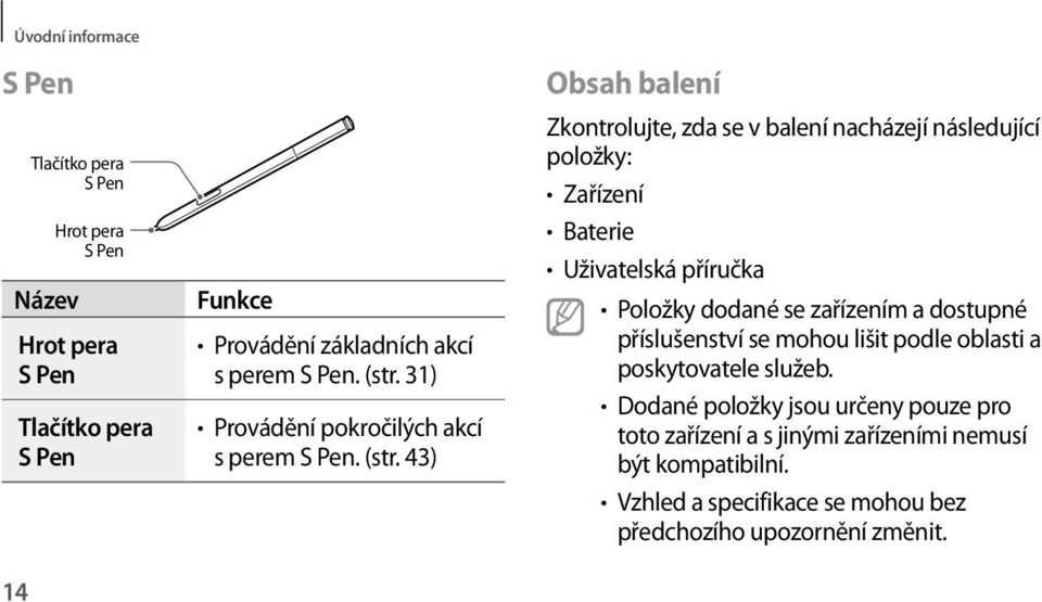 31) Provádění pokročilých akcí s perem S  43) Obsah balení Zkontrolujte, zda se v balení nacházejí následující položky: Zařízení Baterie Uživatelská