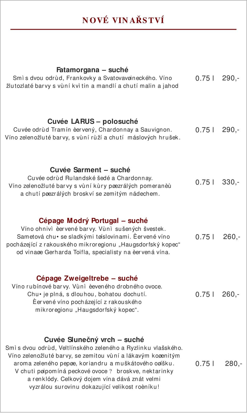Víno zelenožluté barvy, s vùní rùží a chutí máslových hrušek. Cuvée Sarment suché Cuvée odrùd Rulandské šedé a Chardonnay.