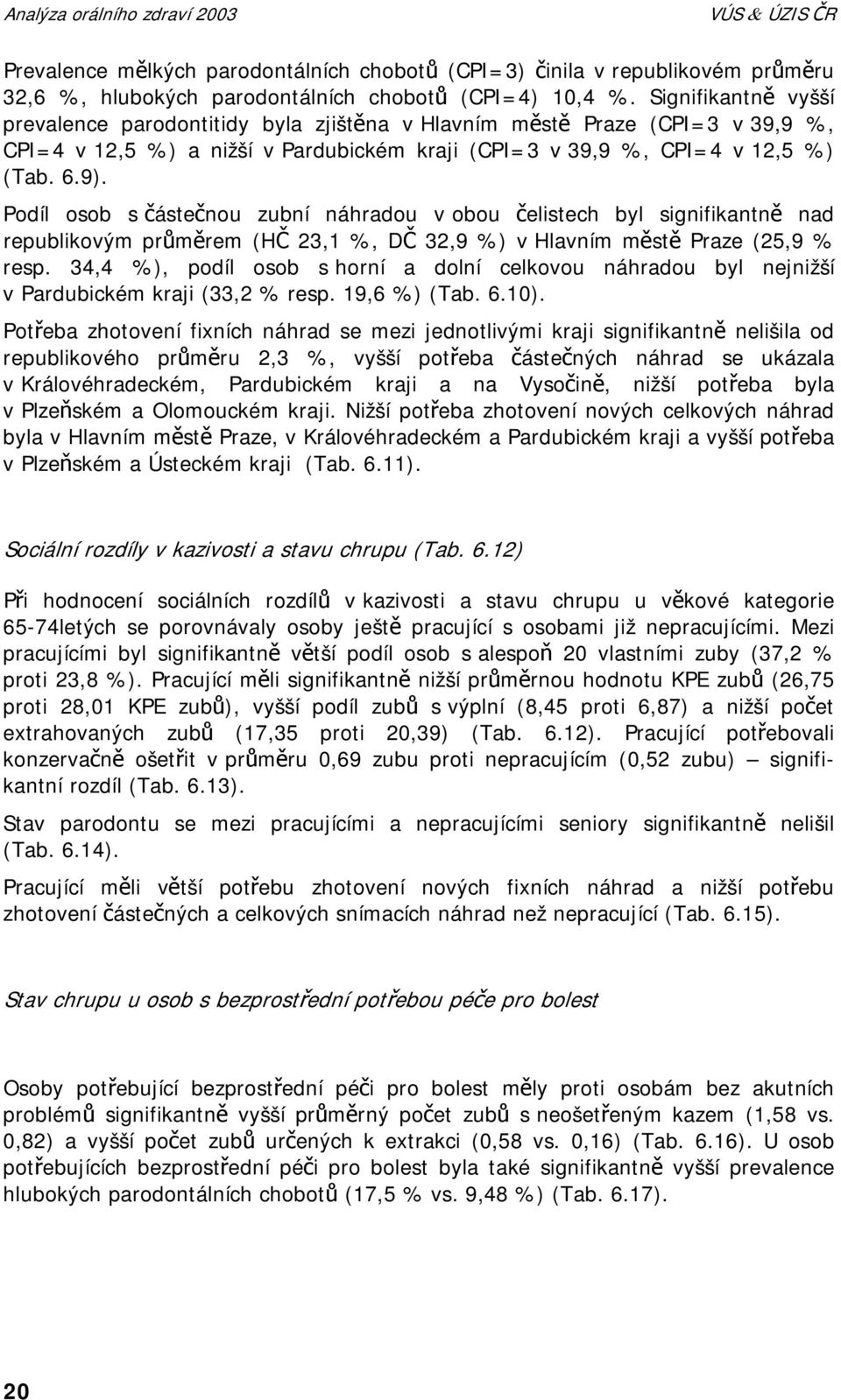 Podíl osob s částečnou zubní náhradou v obou čelistech byl signifikantně nad republikovým průměrem (HČ 23,1 %, DČ 32,9 %) v Hlavním městě Praze (25,9 % resp.