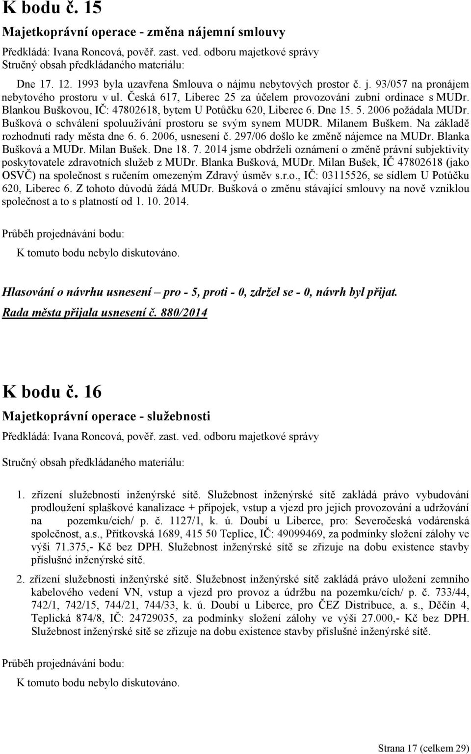 2006 požádala MUDr. Bušková o schválení spoluužívání prostoru se svým synem MUDR. Milanem Buškem. Na základě rozhodnutí rady města dne 6. 6. 2006, usnesení č. 297/06 došlo ke změně nájemce na MUDr.