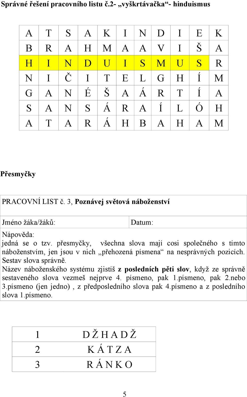 Přesmyčky PRACOVNÍ LIST č. 3, Poznávej světová náboženství Jméno žáka/žáků: Datum: Nápověda: jedná se o tzv.