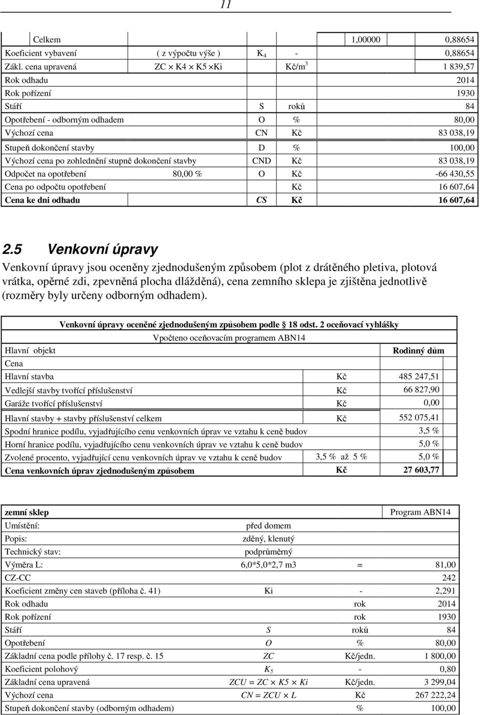 Výchozí cena po zohlednění stupně dokončení stavby CND Kč 83 038,19 Odpočet na opotřebení 80,00 % O Kč -66 430,55 Cena po odpočtu opotřebení Kč 16 607,64 Cena ke dni odhadu CS Kč 16 607,64 2.