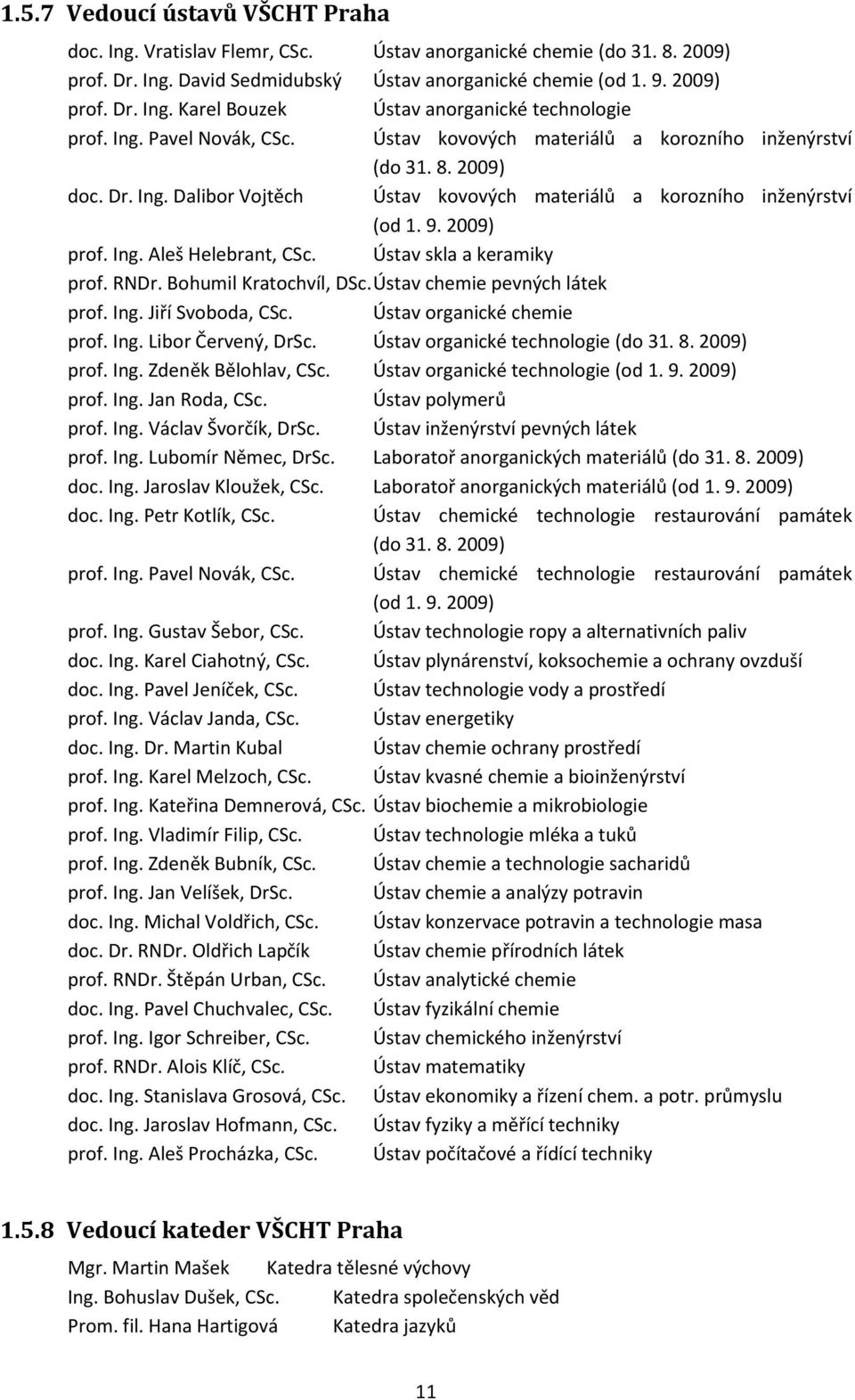 Ústav skla a keramiky prof. RNDr. Bohumil Kratochvíl, DSc. Ústav chemie pevných látek prof. Ing. Jiří Svoboda, CSc. Ústav organické chemie prof. Ing. Libor Červený, DrSc.