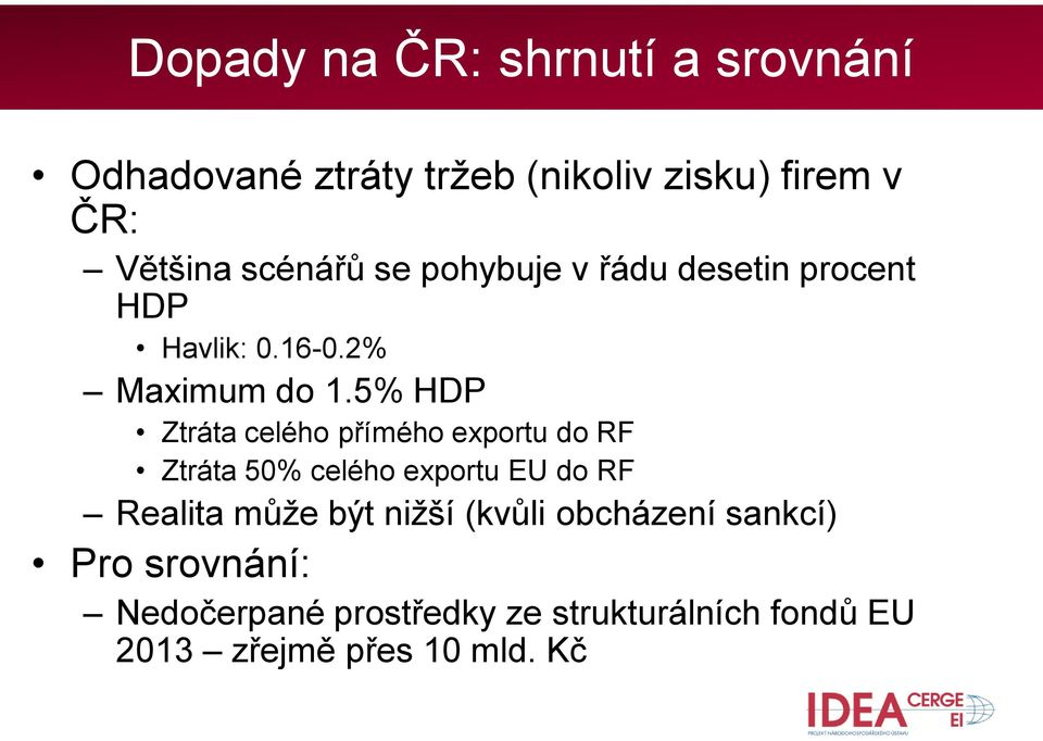 5% HDP Ztráta celého přímého exportu do RF Ztráta 50% celého exportu EU do RF Realita může být