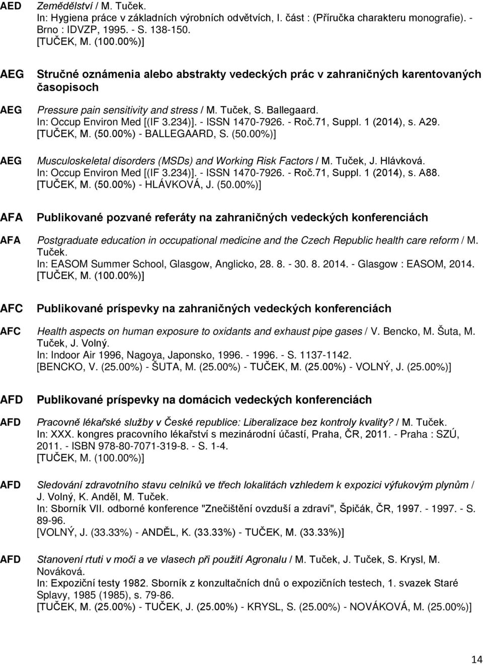 - ISSN 1470-7926. - Roč.71, Suppl. 1 (2014), s. A29. [TUČEK, M. (50.00%) - BALLEGAARD, S. (50.00%)] Musculoskeletal disorders (MSDs) and Working Risk Factors / M. Tuček, J. Hlávková.