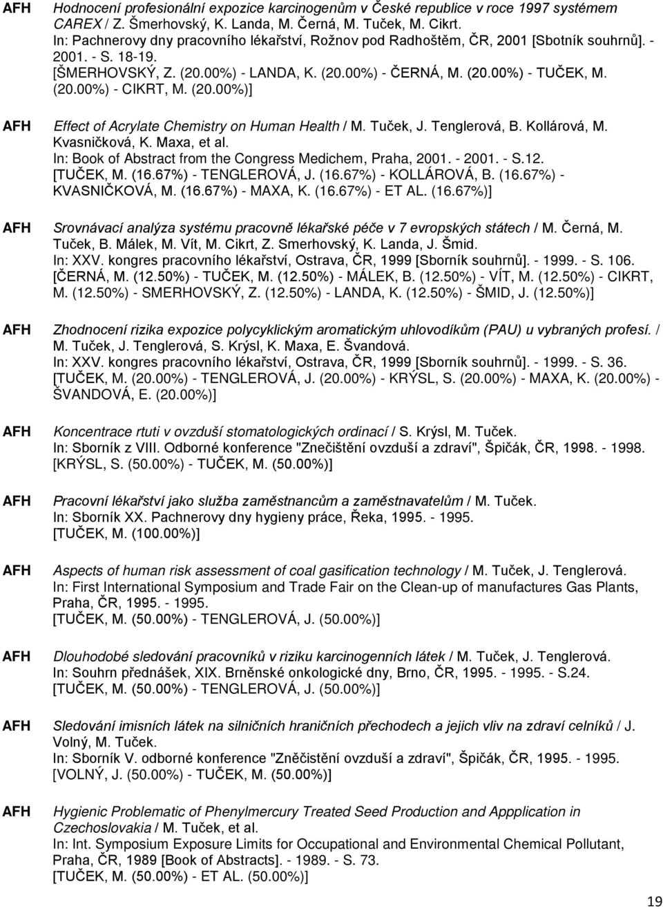 (20.00%)] Effect of Acrylate Chemistry on Human Health / M. Tuček, J. Tenglerová, B. Kollárová, M. Kvasničková, K. Maxa, et al. In: Book of Abstract from the Congress Medichem, Praha, 2001. - 2001.