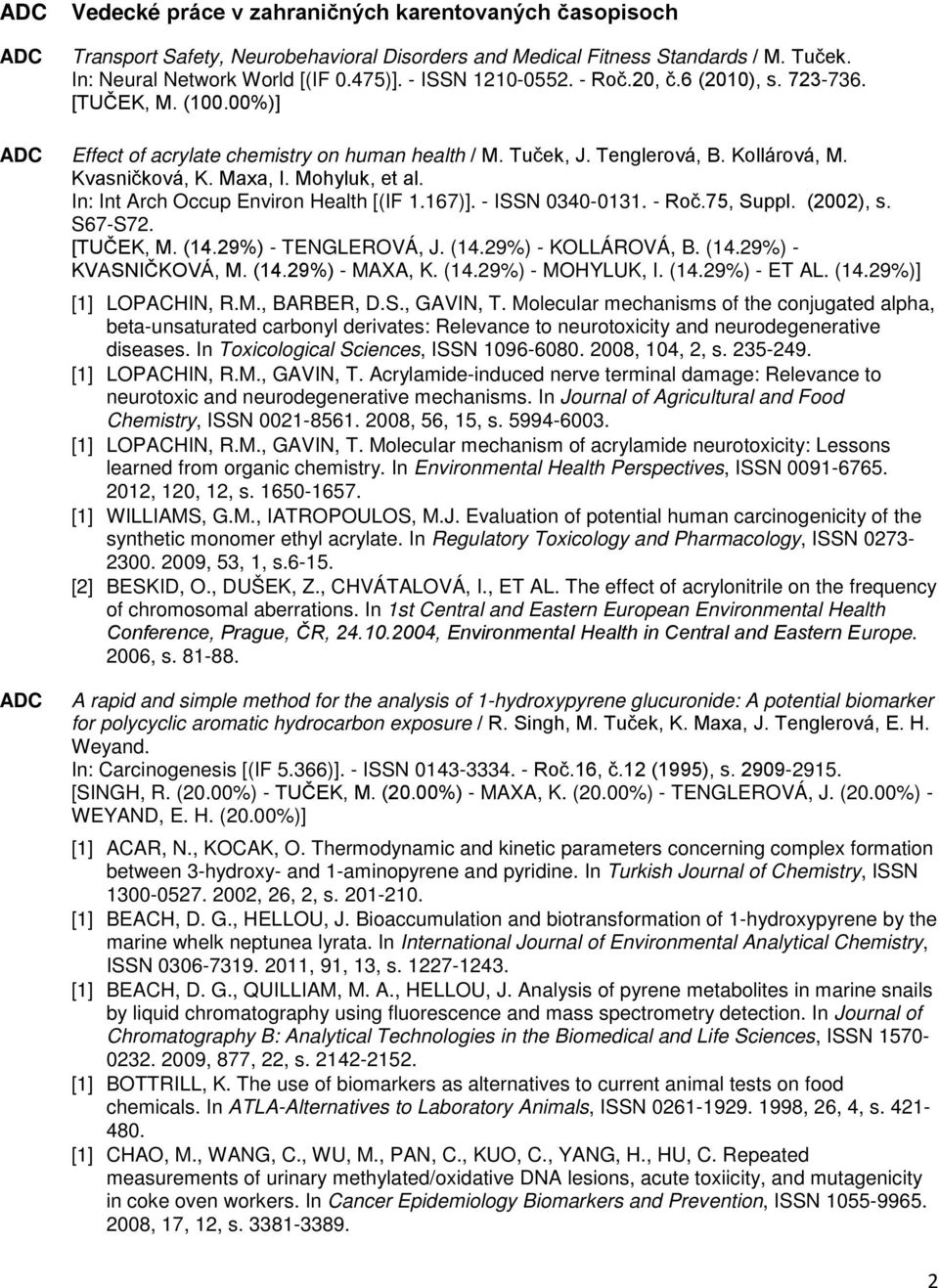 In: Int Arch Occup Environ Health [(IF 1.167)]. - ISSN 0340-0131. - Roč.75, Suppl. (2002), s. S67-S72. [TUČEK, M. (14.29%) - TENGLEROVÁ, J. (14.29%) - KOLLÁROVÁ, B. (14.29%) - KVASNIČKOVÁ, M. (14.29%) - MAXA, K.