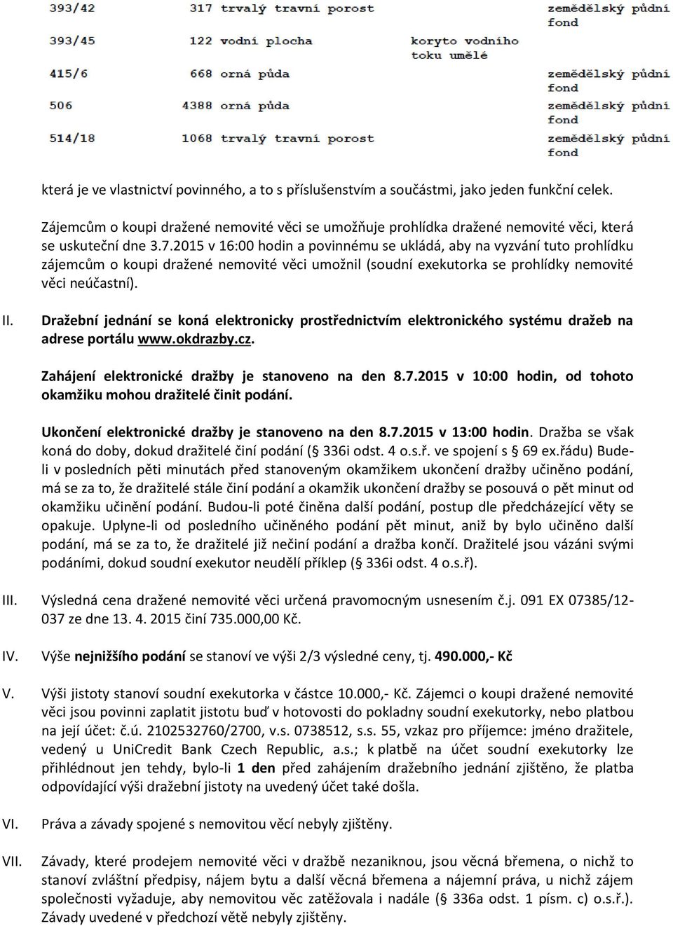 2015 v 16:00 hodin a povinnému se ukládá, aby na vyzvání tuto prohlídku zájemcům o koupi dražené nemovité věci umožnil (soudní exekutorka se prohlídky nemovité věci neúčastní). II.