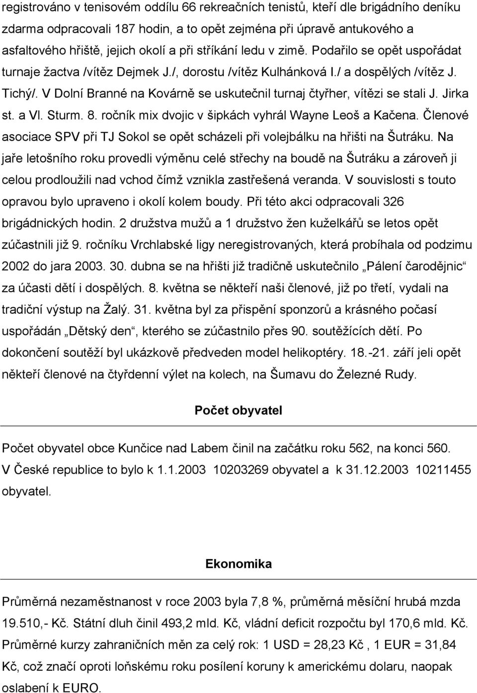 V Dolní Branné na Kovárně se uskutečnil turnaj čtyřher, vítězi se stali J. Jirka st. a Vl. Sturm. 8. ročník mix dvojic v šipkách vyhrál Wayne Leoš a Kačena.