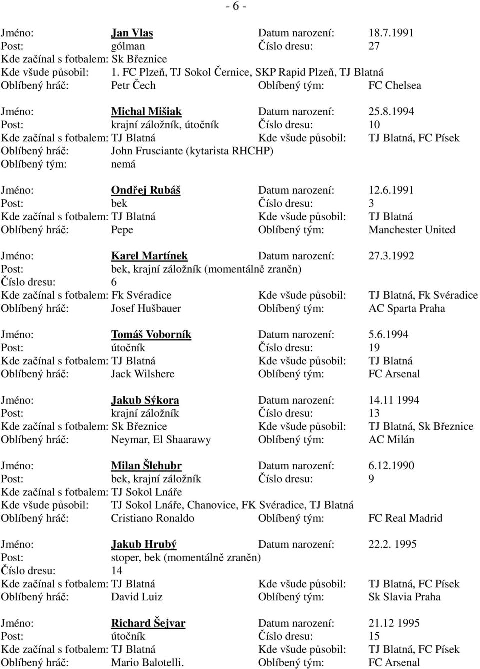 1994 Post: krajní záložník, útočník Číslo dresu: 10 Kde všude působil: TJ Blatná, FC Písek Oblíbený hráč: John Frusciante (kytarista RHCHP) Oblíbený tým: nemá Jméno: Ondřej Rubáš Datum narození: 12.6.