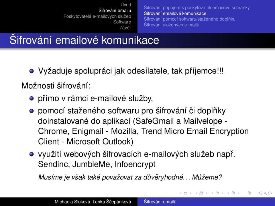 doinstalované do aplikací (SafeGmail a Mailvelope - Chrome, Enigmail - Mozilla, Trend Micro Email Encryption