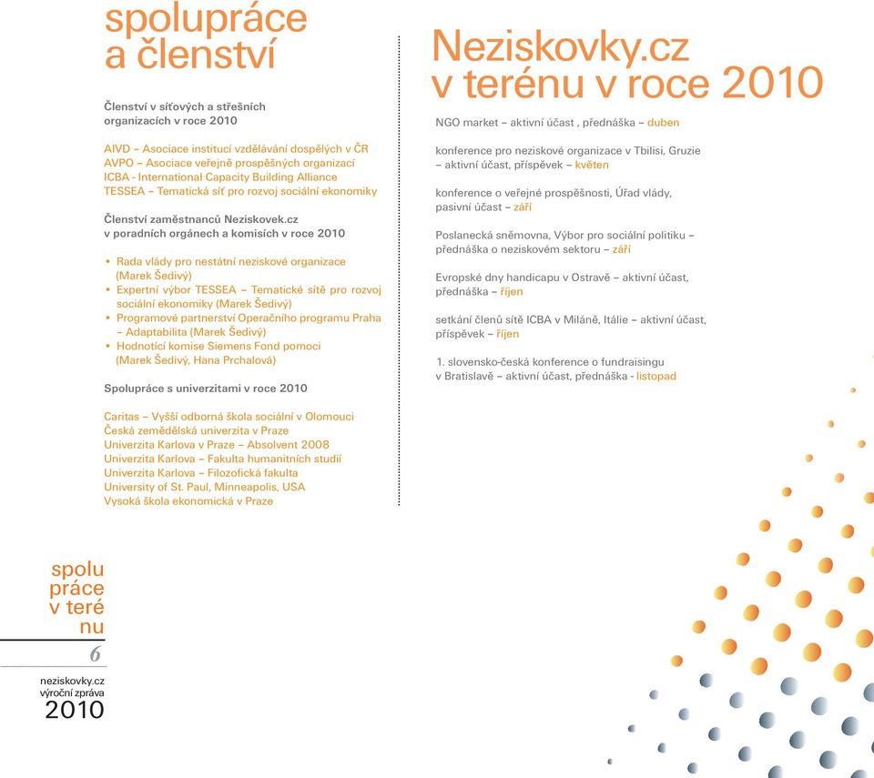 cz v poradních orgánech a komisích v roce Rada vlády pro nestátní neziskové organizace (Marek Šedivý) Expertní výbor TESSEA Tematické sítě pro rozvoj sociální ekonomiky (Marek Šedivý) Programové