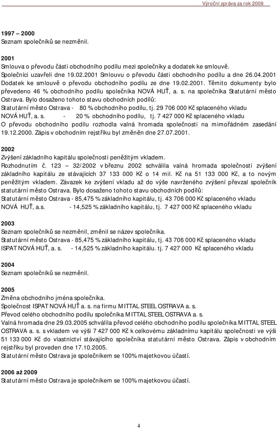 s. na společníka Statutární město Ostrava. Bylo dosaženo tohoto stavu obchodních podílů: Statutární město Ostrava - 80 % obchodního podílu, tj. 29 706 000 Kč splaceného vkladu NOVÁ HUŤ, a. s. - 20 % obchodního podílu, tj.