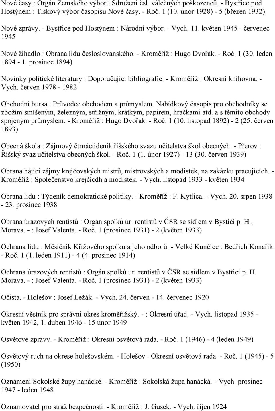 prosinec 1894) Novinky politické literatury : Doporučující bibliografie. - Kroměříž : Okresní knihovna. - Vych. červen 1978-1982 Obchodní bursa : Průvodce obchodem a průmyslem.