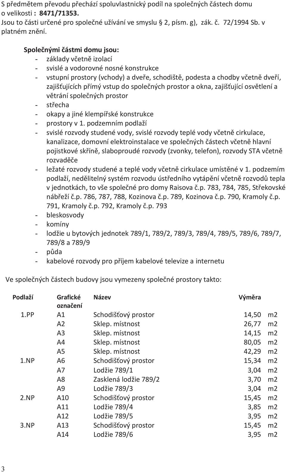 Společnými částmi domu jsou: - základy včetně izolací - svislé a vodorovné nosné konstrukce - vstupní prostory (vchody) a dveře, schodiště, podesta a chodby včetně dveří, zajišťujících přímý vstup do