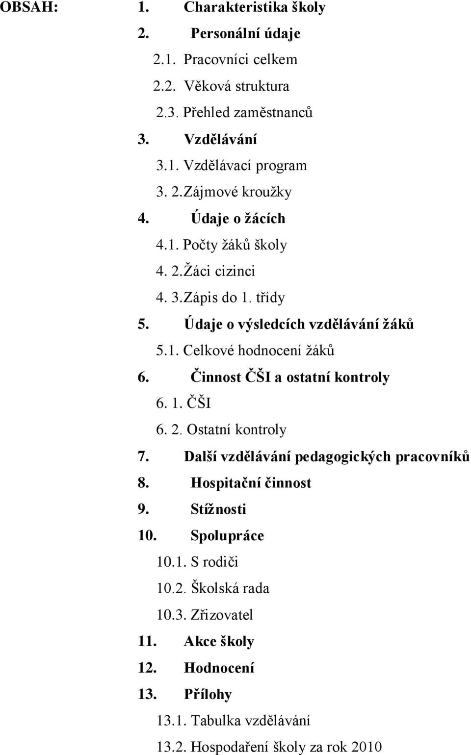 Činnost ČŠI a ostatní kontroly 6. 1. ČŠI 6. 2. Ostatní kontroly 7. Další vzdělávání pedagogických pracovníků 8. Hospitační činnost 9. Stížnosti 10. Spolupráce 10.