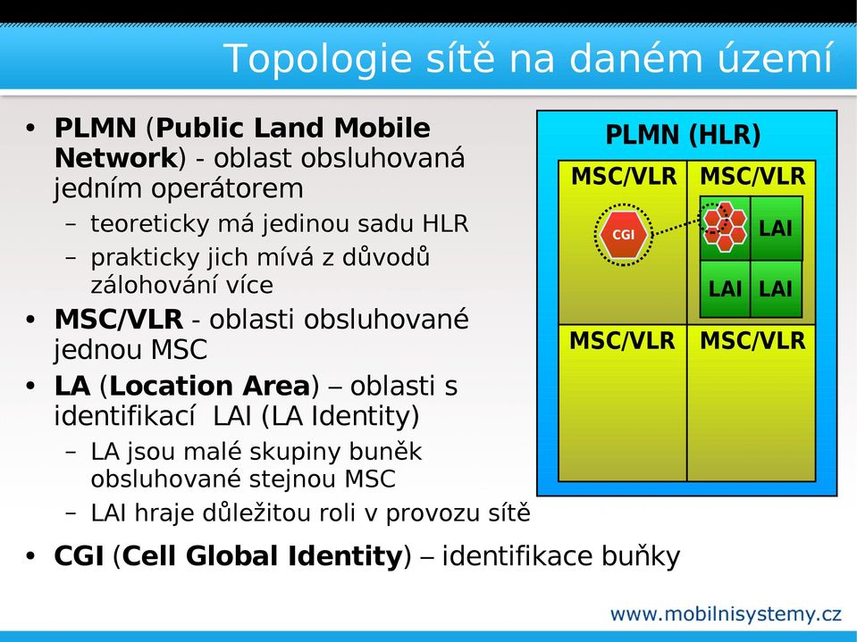 Area) oblasti s identifikací LAI (LA Identity) LA jsou malé skupiny buněk obsluhované stejnou MSC LAI hraje důležitou