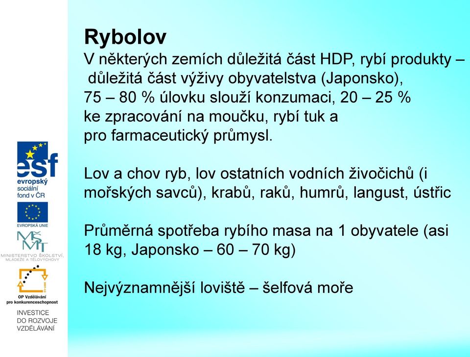 Lov a chov ryb, lov ostatních vodních živočichů (i mořských savců), krabů, raků, humrů, langust, ústřic