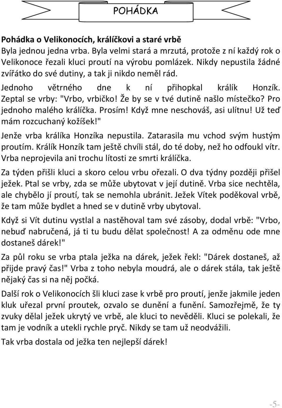 Pro jednoho malého králíčka. Prosím! Když mne neschováš, asi ulítnu! Už teď mám rozcuchaný kožíšek!" Jenže vrba králíka Honzíka nepustila. Zatarasila mu vchod svým hustým proutím.