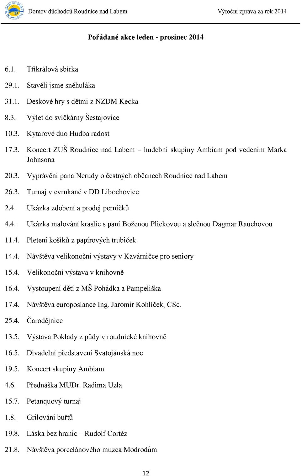 4. Pletení košíků z papírových trubiček 14.4. Návštěva velikonoční výstavy v Kavárničce pro seniory 15.4. Velikonoční výstava v knihovně 16.4. Vystoupení dětí z MŠ Pohádka a Pampeliška 17.4. Návštěva europoslance Ing.