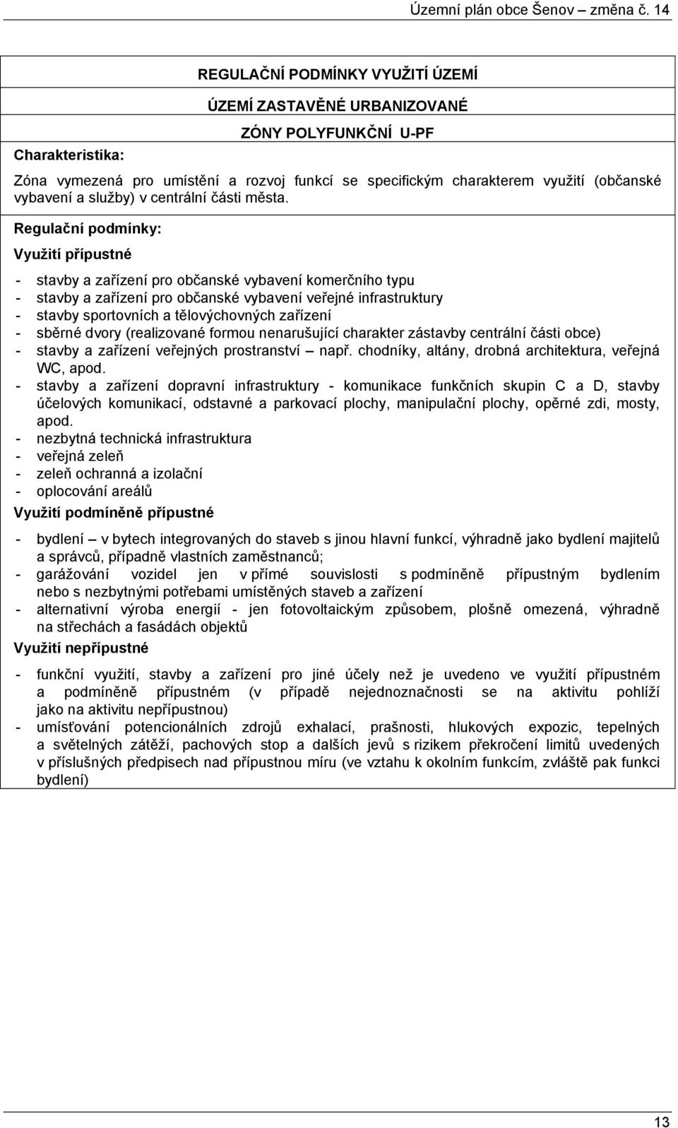 Regulační podmínky: Využití přípustné - stavby a zařízení pro občanské vybavení komerčního typu - stavby a zařízení pro občanské vybavení veřejné infrastruktury - stavby sportovních a tělovýchovných