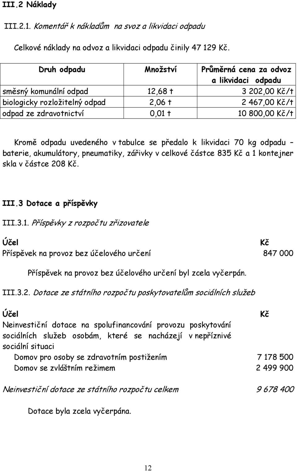 Kč/t Kromě odpadu uvedeného v tabulce se předalo k likvidaci 70 kg odpadu baterie, akumulátory, pneumatiky, zářivky v celkové částce 835 Kč a 1 kontejner skla v částce 208 Kč. III.