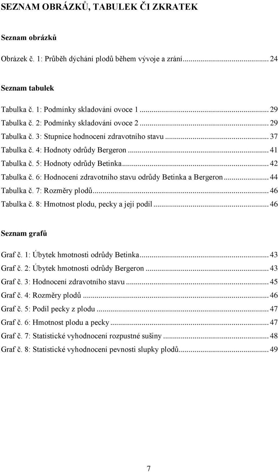 6: Hodnocení zdravotního stavu odrůdy Betinka a Bergeron... 44 Tabulka č. 7: Rozměry plodů... 46 Tabulka č. 8: Hmotnost plodu, pecky a její podíl... 46 Seznam grafů Graf č.