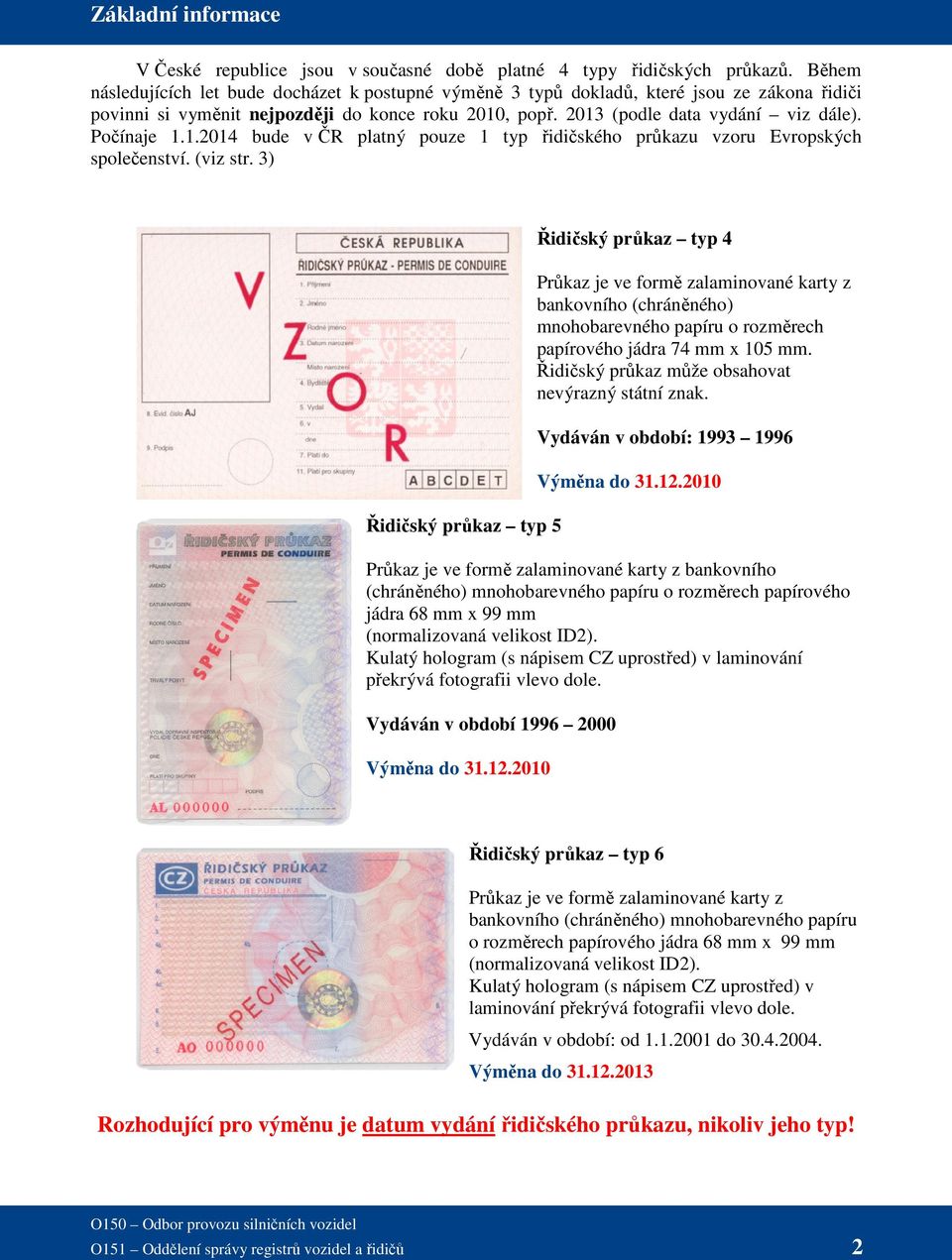 Počínaje 1.1.2014 bude v ČR platný pouze 1 typ řidičského průkazu vzoru Evropských společenství. (viz str.