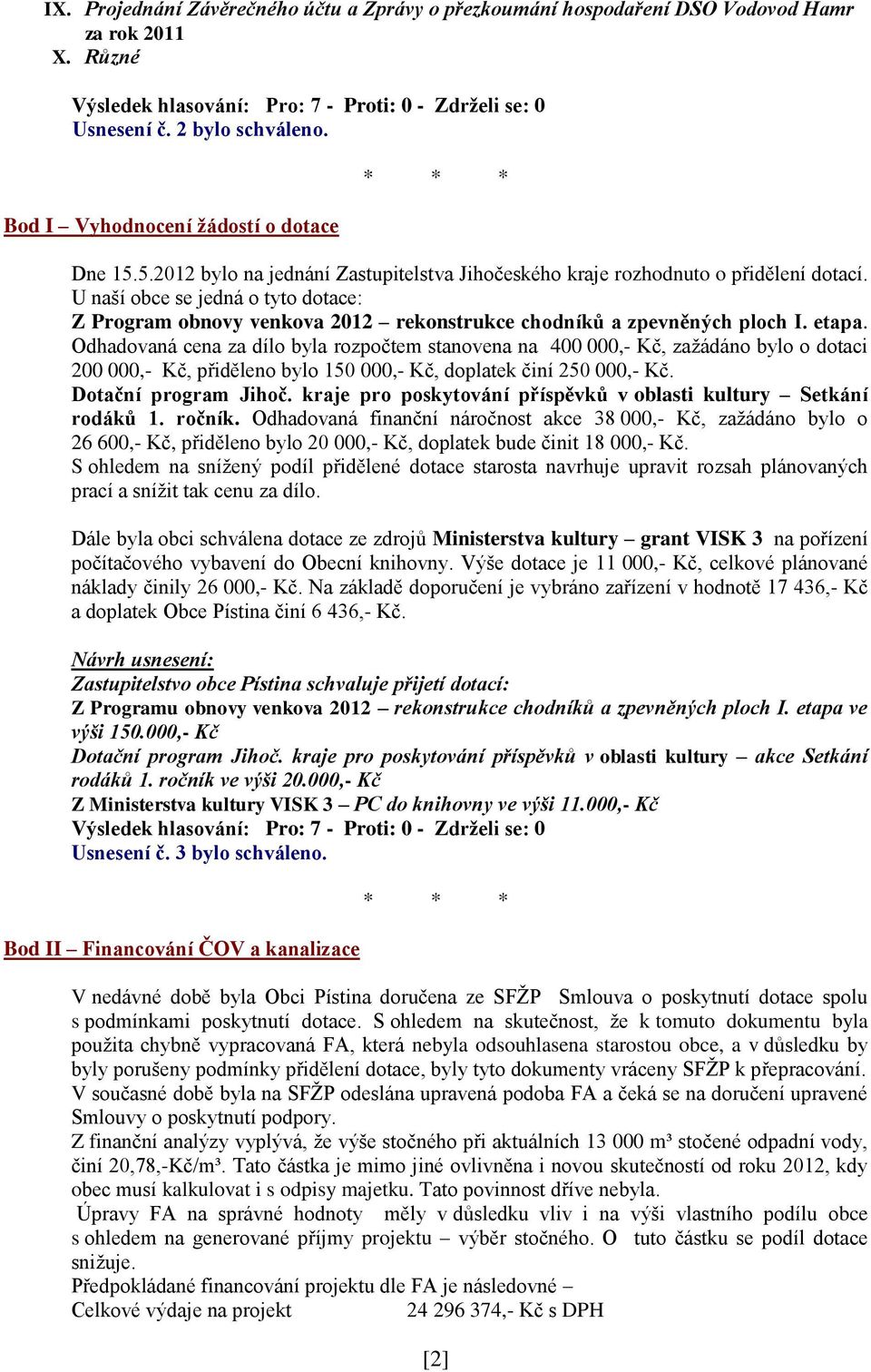 etapa. Odhadovaná cena za dílo byla rozpočtem stanovena na 400 000,- Kč, zažádáno bylo o dotaci 200 000,- Kč, přiděleno bylo 150 000,- Kč, doplatek činí 250 000,- Kč. Dotační program Jihoč.