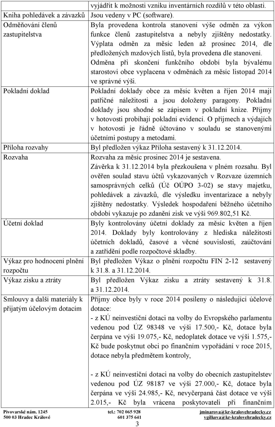 Výplata odměn za měsíc leden až prosinec 2014, dle předložených mzdových listů, byla provedena dle stanovení.