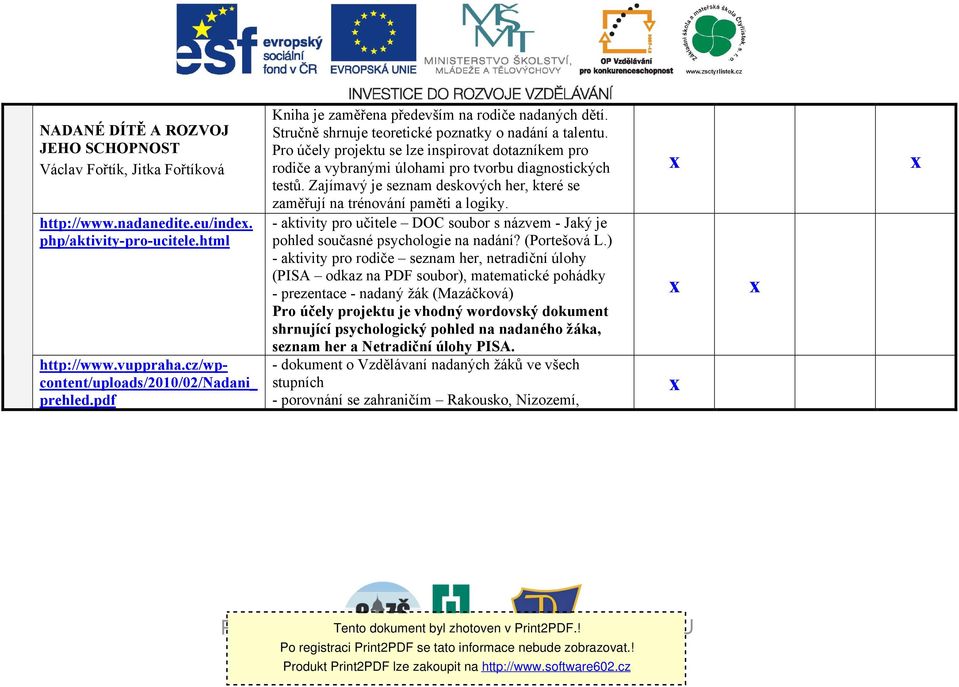 Pro účely projektu se lze inspirovat dotazníkem pro rodiče a vybranými úlohami pro tvorbu diagnostických testů. Zajímavý je seznam deskových her, které se zaměřují na trénování paměti a logiky.