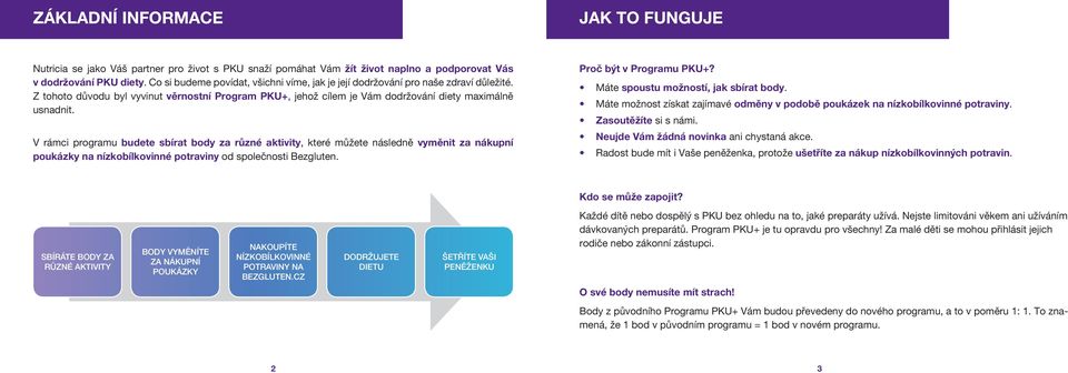 V rámci programu budete sbírat body za různé aktivity, které můžete následně vyměnit za nákupní poukázky na nízkobílkovinné potraviny od společnosti Bezgluten. Proč být v Programu PKU+?