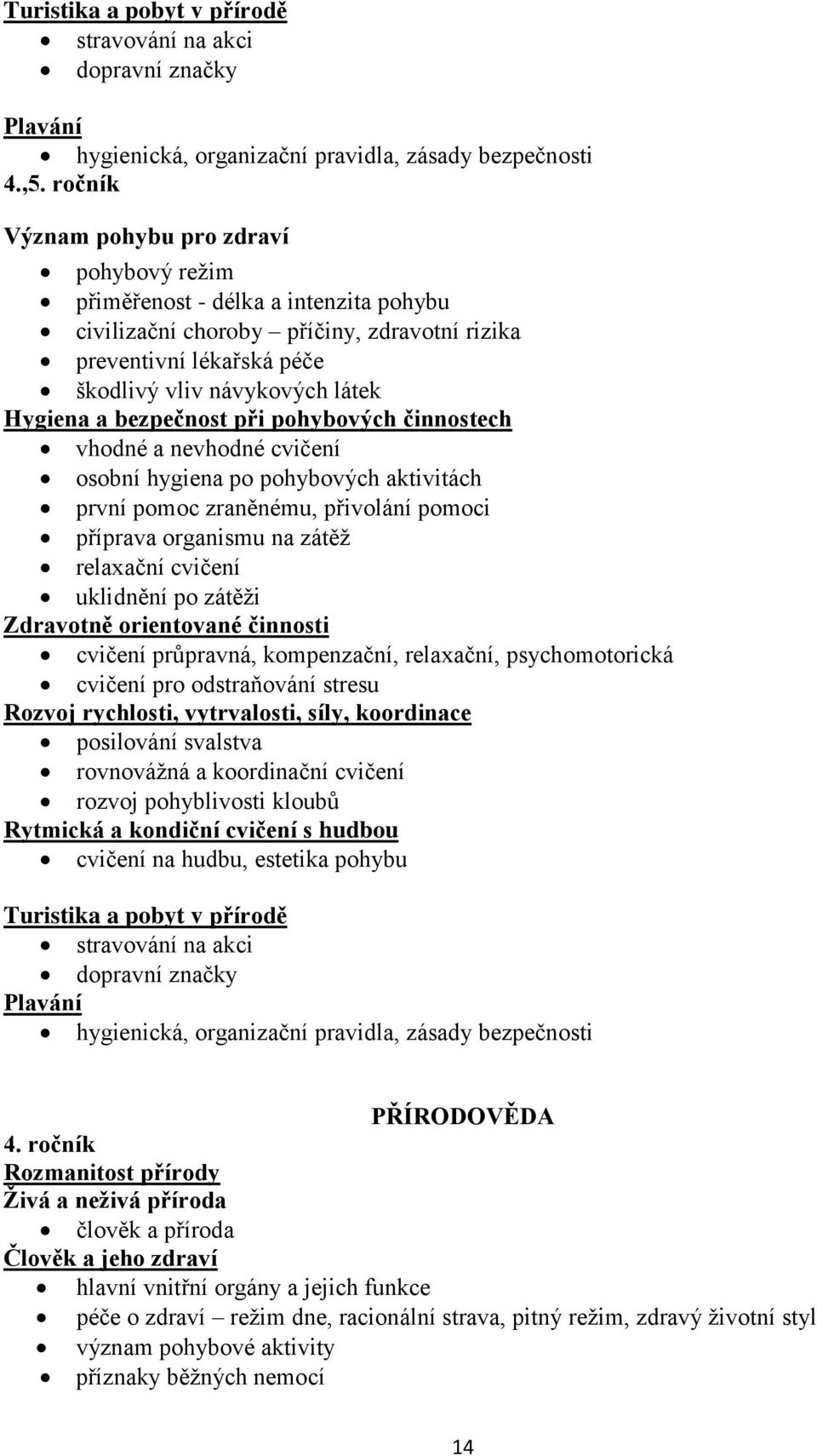 bezpečnost při pohybových činnostech vhodné a nevhodné cvičení osobní hygiena po pohybových aktivitách první pomoc zraněnému, přivolání pomoci příprava organismu na zátěž relaxační cvičení uklidnění