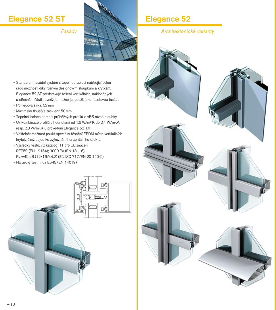 izolace pomocí průběžných profilů z ABS různé hloubky Uf: kombinace profilů s hodnotami od 1,6 W/m 2.K do 2,4 W/m 2.K, resp. 2,0 W/m 2.K u provedení Elegance 52 1.