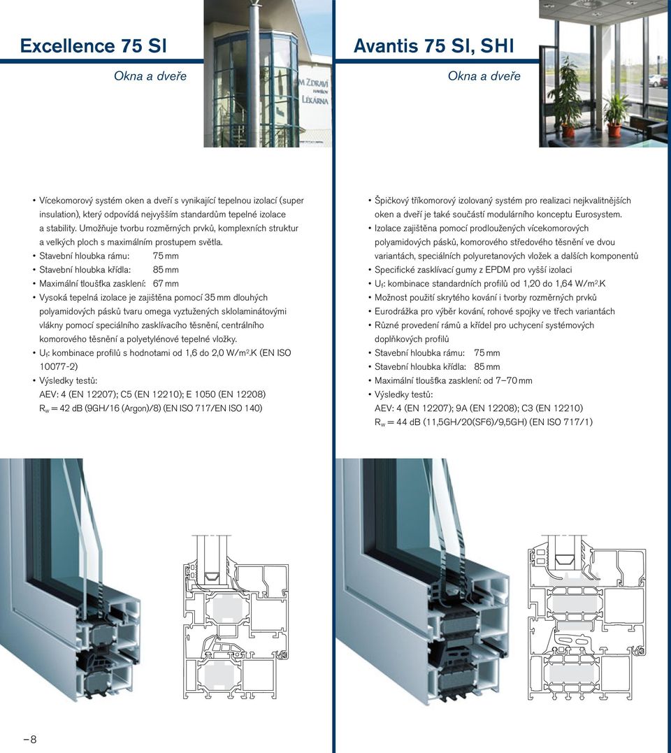 Stavební hloubka rámu: 75 mm Stavební hloubka křídla: 85 mm Maximální tloušťka zasklení: 67 mm Vysoká tepelná izolace je zajištěna pomocí 35 mm dlouhých polyamidových pásků tvaru omega vyztužených