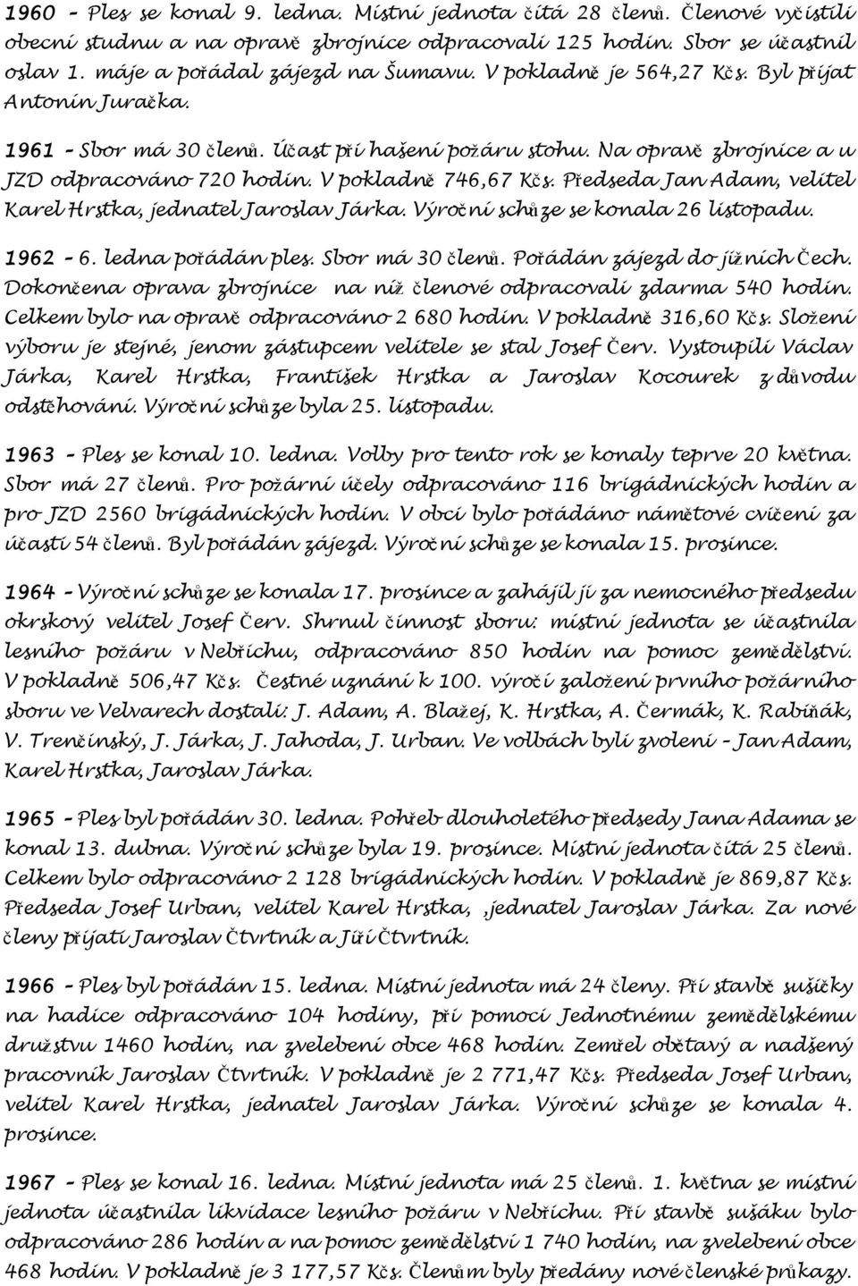 Předseda Jan Adam, velitel Karel Hrstka, jednatel Jaroslav Járka. Výroční schůze se konala 26 listopadu. 1962 6. ledna pořádán ples. Sbor má 30 členů. Pořádán zájezd do jižních Čech.