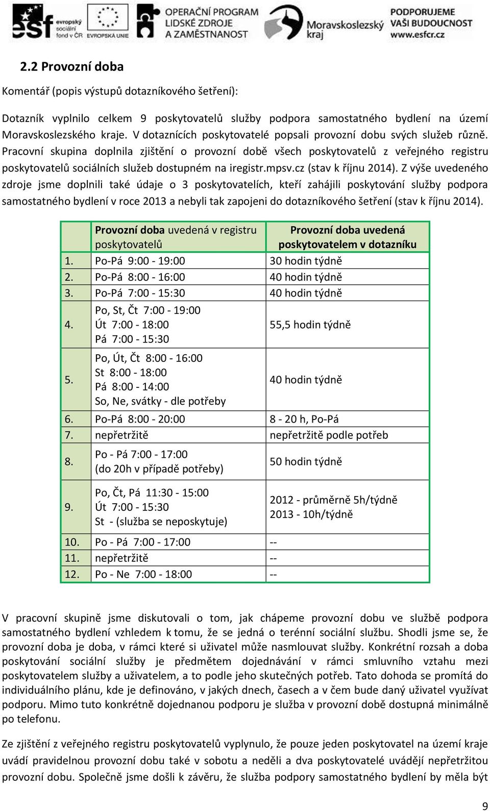 Pracovní skupina doplnila zjištění o provozní době všech poskytovatelů z veřejného registru poskytovatelů sociálních služeb dostupném na iregistr.mpsv.cz (stav k říjnu 2014).