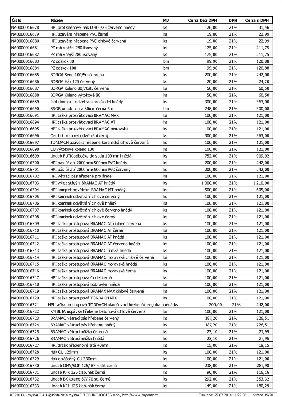 odskok 100 bm 99,90 21% 120,88 NA0000016685 BORGA Svod 100/5m červená ks 200,00 21% 242,00 NA0000016686 BORGA Hák 125 červený ks 20,00 21% 24,20 NA0000016687 BORGA Koleno 80/70st.