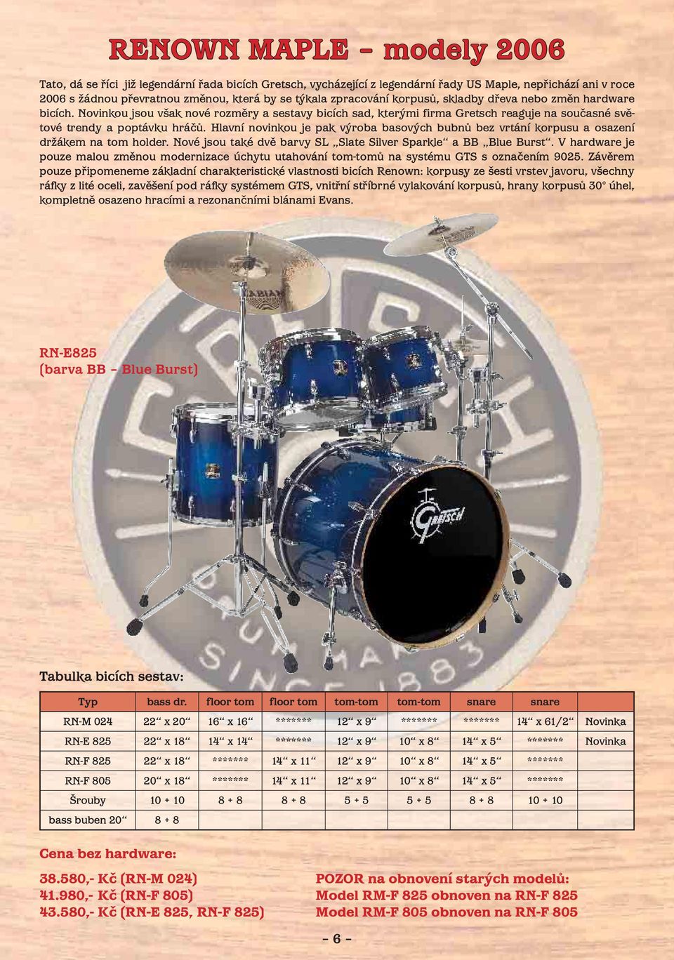 Hlavní novinkou je pak výroba basových bubnů bez vrtání korpusu a osazení držákem na tom holder. Nové jsou také dvě barvy SL Slate Silver Sparkle a BB Blue Burst.