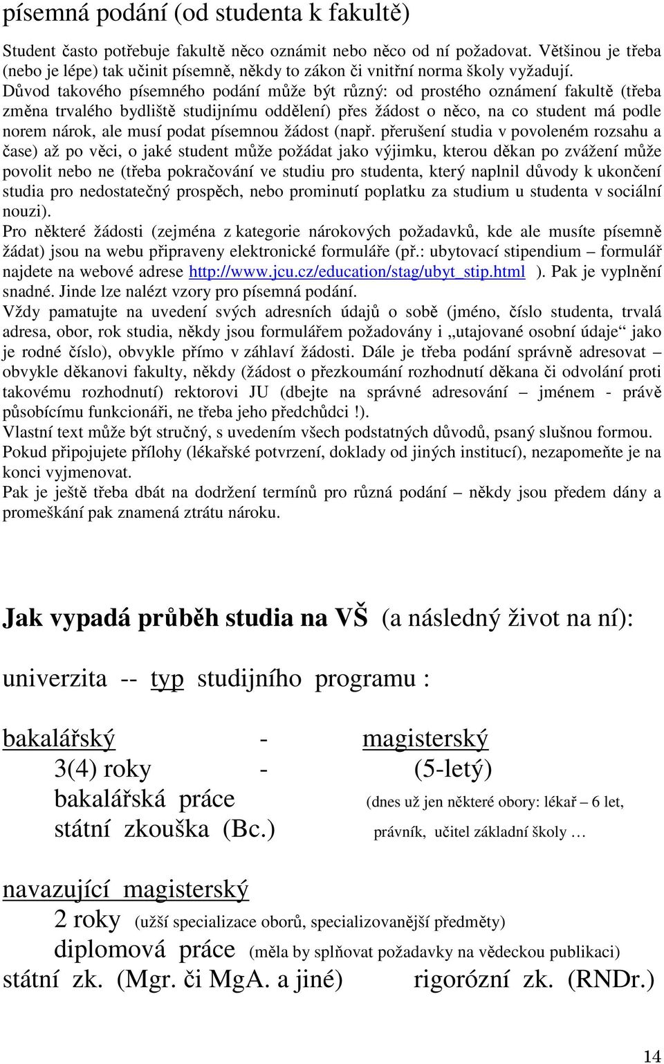 Důvod takového písemného podání může být různý: od prostého oznámení fakultě (třeba změna trvalého bydliště studijnímu oddělení) přes žádost o něco, na co student má podle norem nárok, ale musí podat