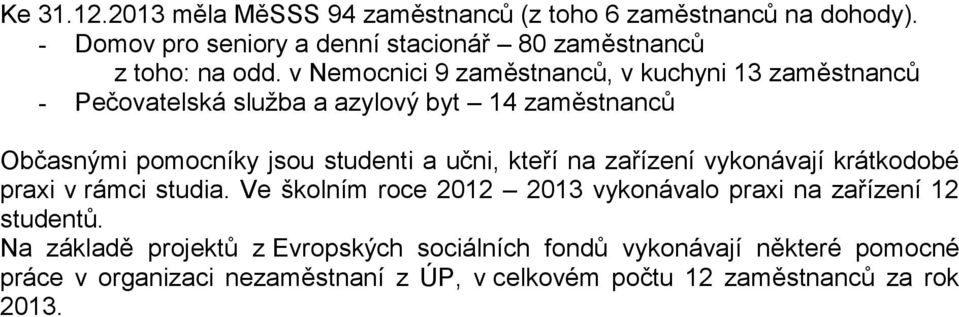 kteří na zařízení vykonávají krátkodobé praxi v rámci studia. Ve školním roce 2012 2013 vykonávalo praxi na zařízení 12 studentů.