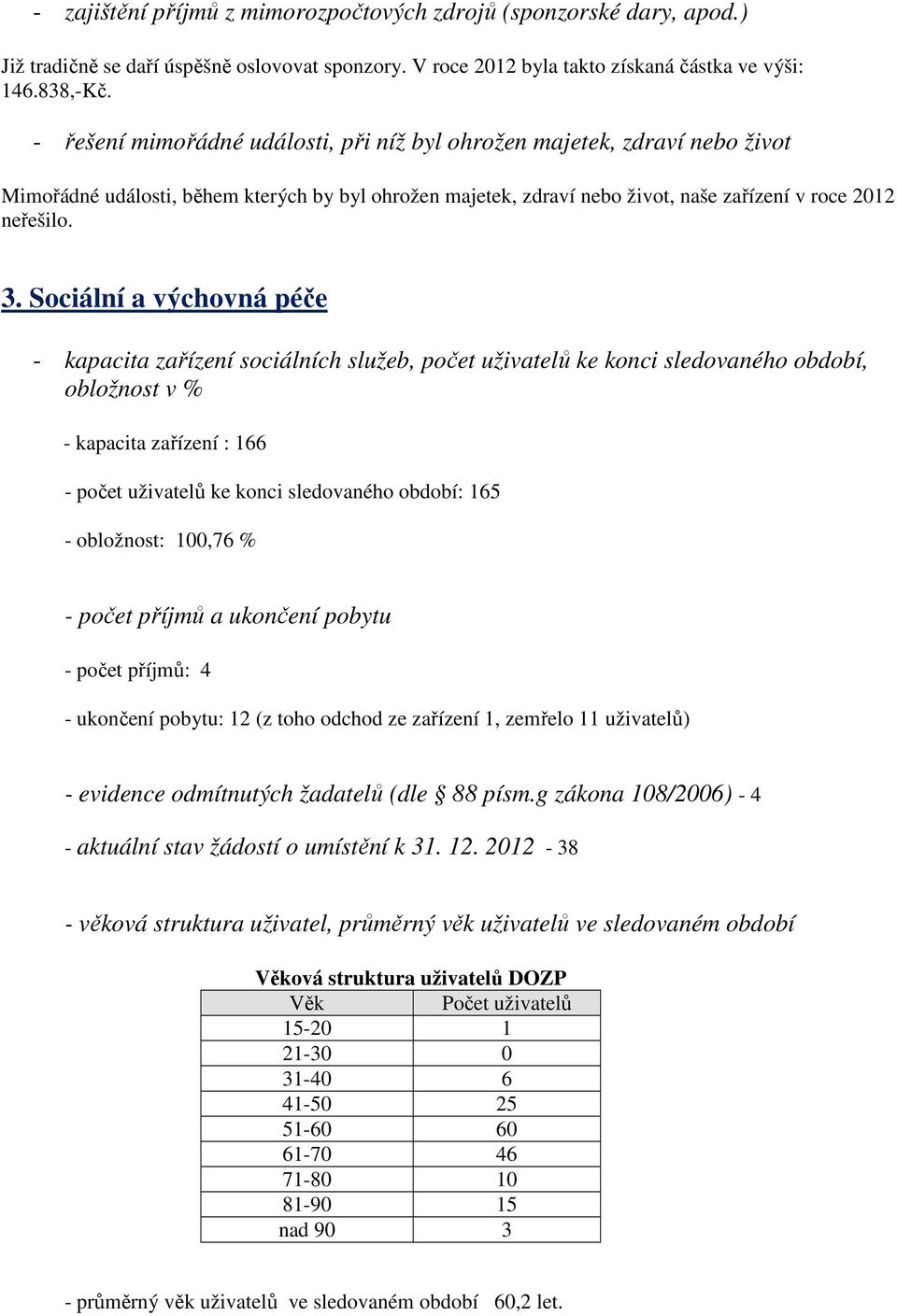 Sociální a výchovná péče - kapacita zařízení sociálních služeb, počet uživatelů ke konci sledovaného období, obložnost v % - kapacita zařízení : 166 - počet uživatelů ke konci sledovaného období: 165