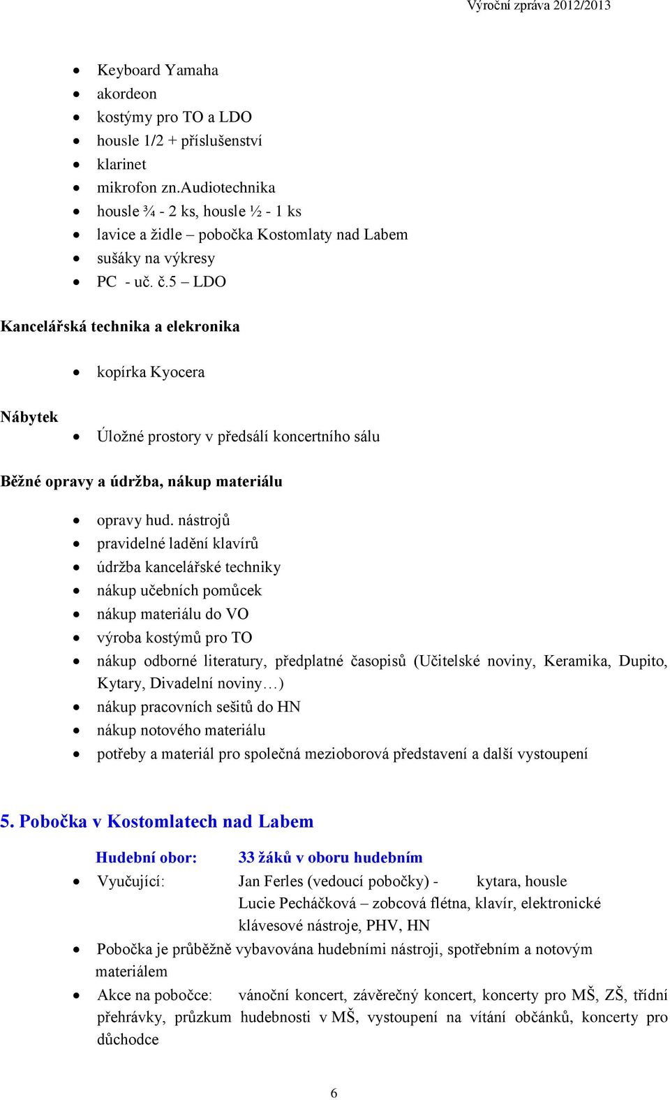 5 LDO Kancelářská technika a elekronika kopírka Kyocera Nábytek Úložné prostory v předsálí koncertního sálu Běžné opravy a údržba, nákup materiálu opravy hud.