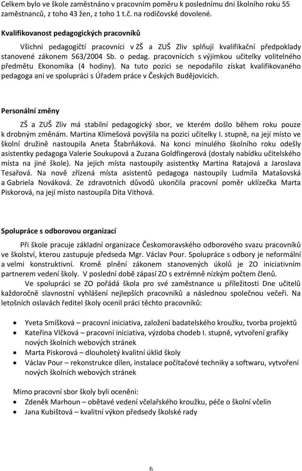 pracovnících s výjimkou učitelky volitelného předmětu Ekonomika (4 hodiny). Na tuto pozici se nepodařilo získat kvalifikovaného pedagoga ani ve spolupráci s Úřadem práce v Českých Budějovicích.