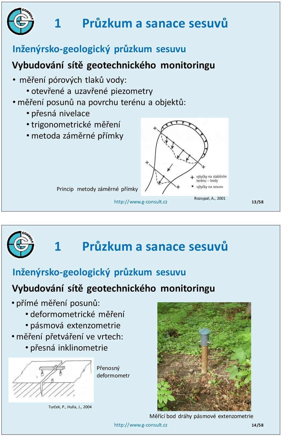 cz 13/58 1 Průzkum a sanace sesuvů Inženýrsko-geologický průzkum sesuvu Vybudování sítě geotechnického monitoringu přímé měření posunů: deformometrické měření pásmová