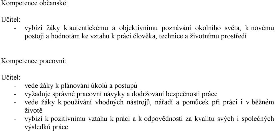 vyžaduje správné pracovní návyky a dodržování bezpečnosti práce - vede žáky k používání vhodných nástrojů, nářadí a