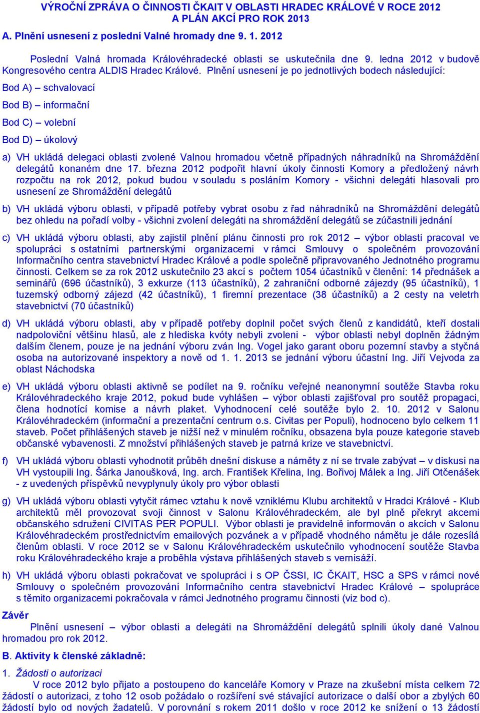 Plnění usnesení je po jednotlivých bodech následující: Bod A) schvalovací Bod B) informační Bod C) volební Bod D) úkolový a) VH ukládá delegaci oblasti zvolené Valnou hromadou včetně případných