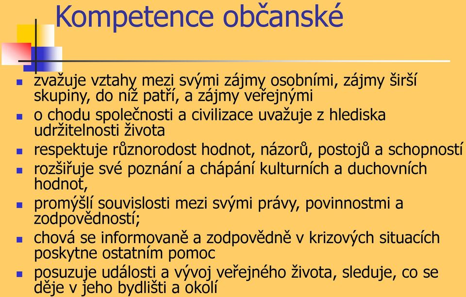 chápání kulturních a duchovních hodnot, promýšlí souvislosti mezi svými právy, povinnostmi a zodpovědností; chová se informovaně a