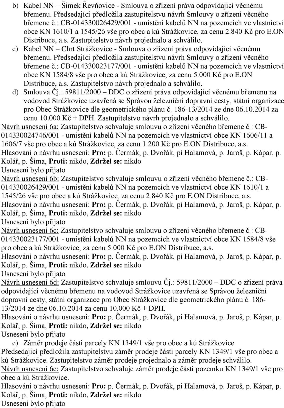 c) Kabel NN Chrt Strážkovice - Smlouva o zřízení práva odpovídající věcnému břemenu. Předsedající předložila zastupitelstvu návrh Smlouvy o zřízení věcného břemene č.
