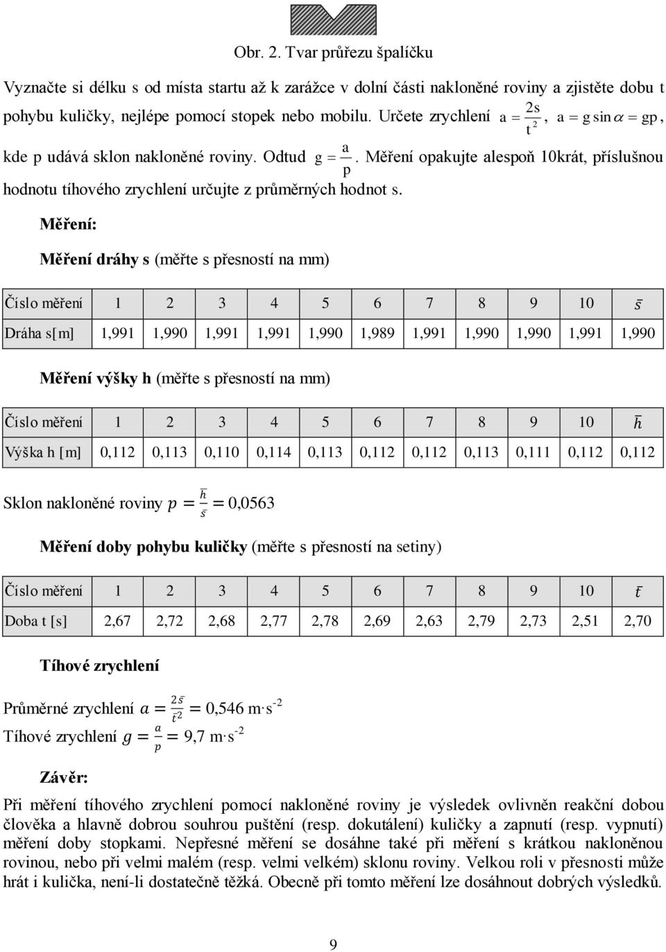 Měření: Měření dráhy s (měřte s přesností na mm) Číslo měření 1 3 4 5 6 7 8 9 10 s Dráha s[m] 1,991 1,990 1,991 1,991 1,990 1,989 1,991 1,990 1,990 1,991 1,990 Měření výšky h (měřte s přesností na